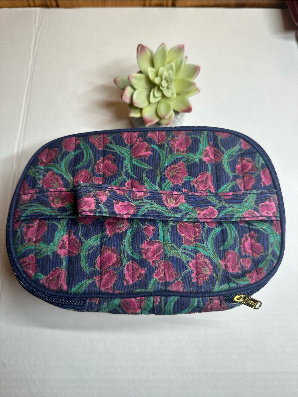 totes Quilted Floral Cosmetic Bag - Navy with Pink Flowers - Picture 3 of 7